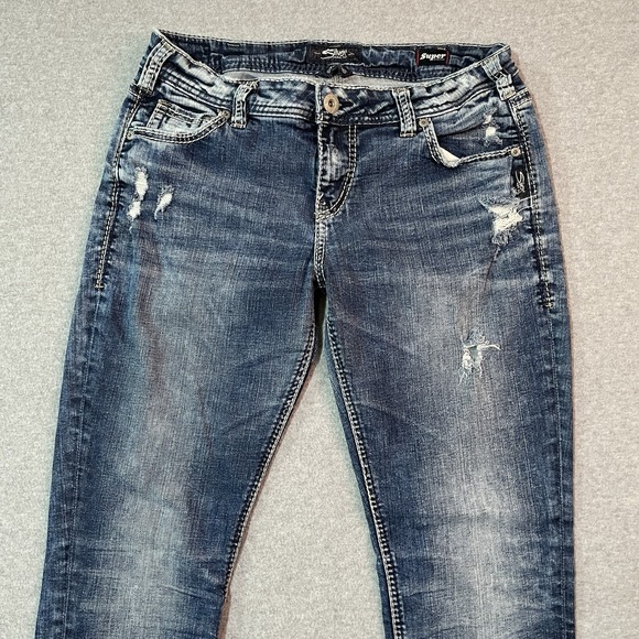 Silver Jeans Womens 30 Blue Girlfriend Skinny Super Stretch Ripped Denim - Picture 3 of 14